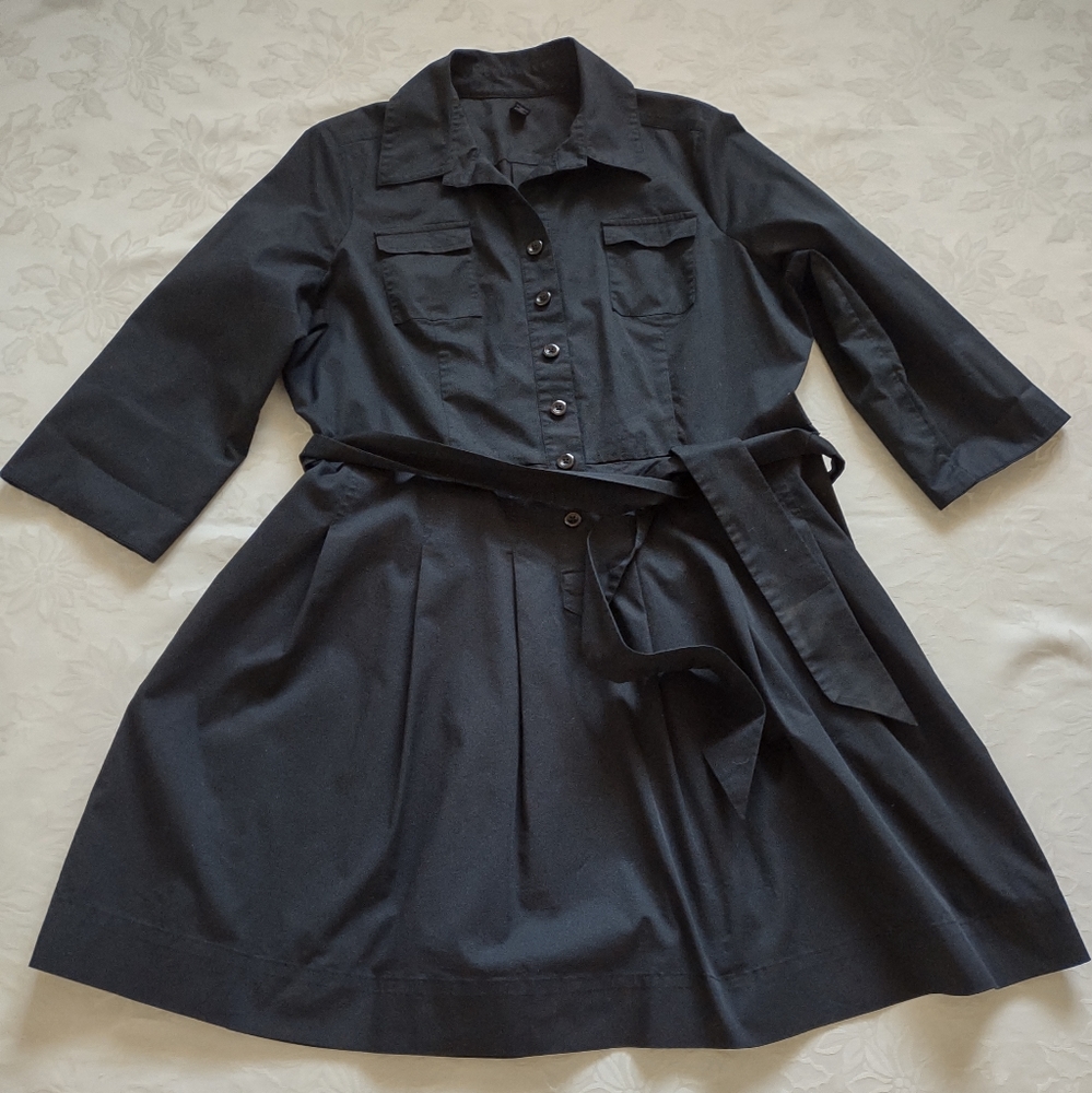Black shirt dress belted flare pleats cotton blend With Sleeves & Pockets